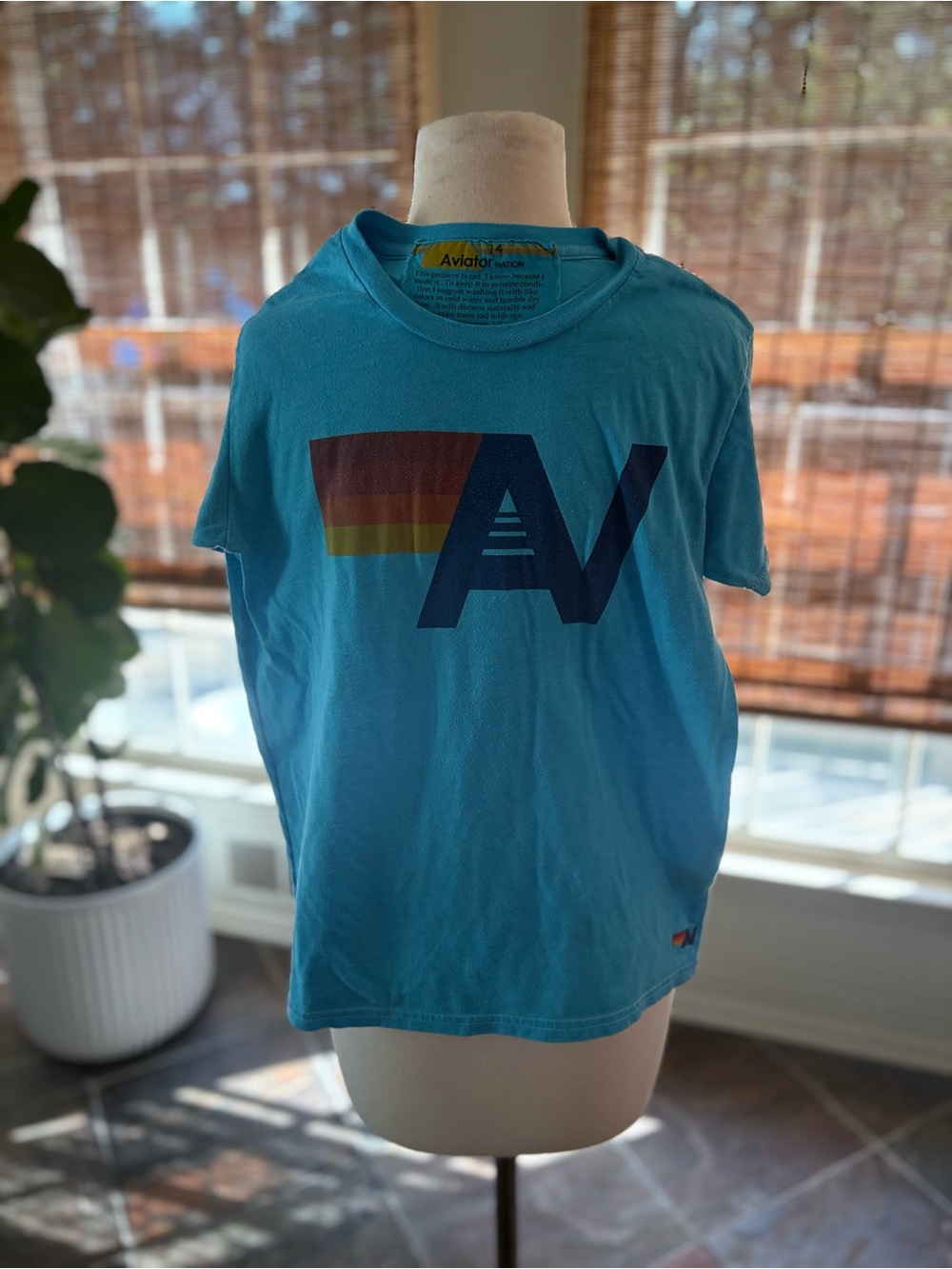 Aviator Nation Turquoise Short Sleeve Tee with Multicolor AV Logo Youth Size 14